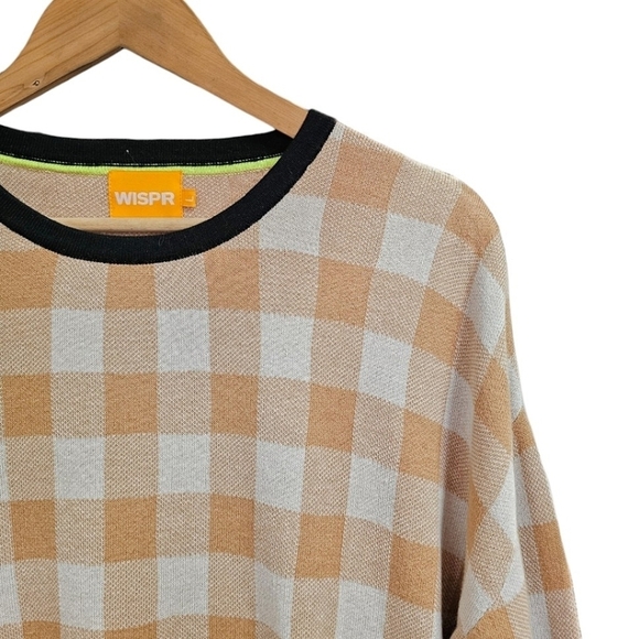 WISPR By Brodie Sweater Cotton Silk Blend Tan Gingham Long Sleeve Crew Neck L - Picture 6 of 11